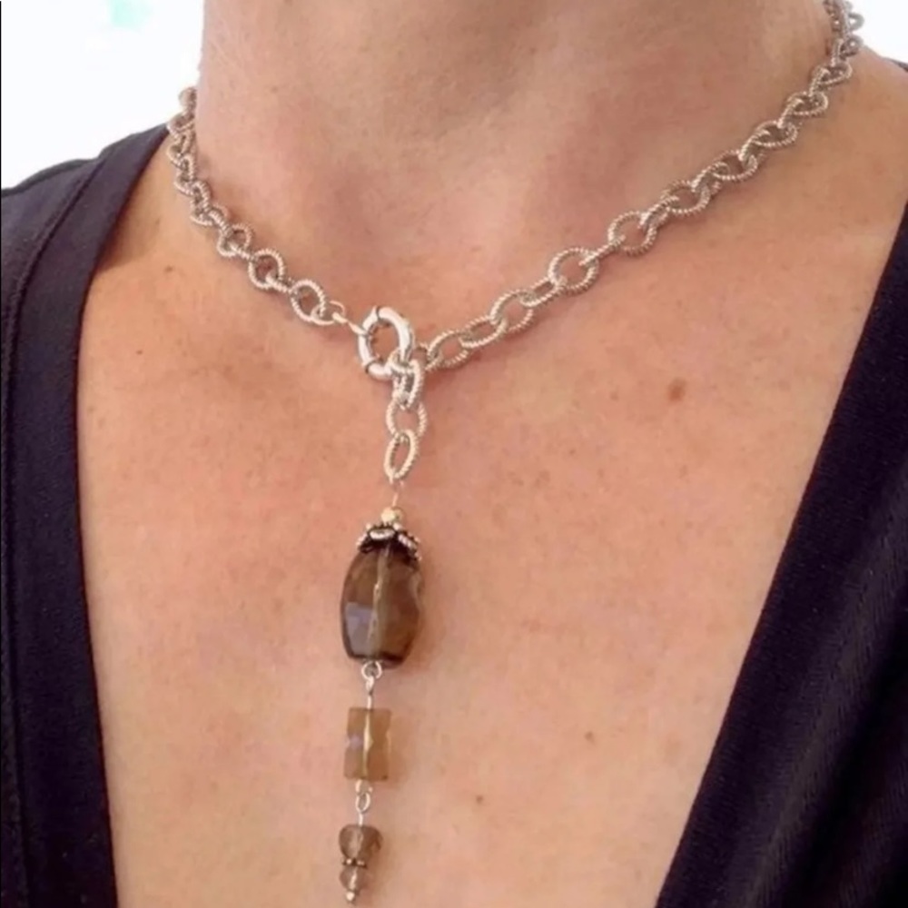 Vintage Sterling Silver Smokey Quartz Textured Link Chain  Necklace drop